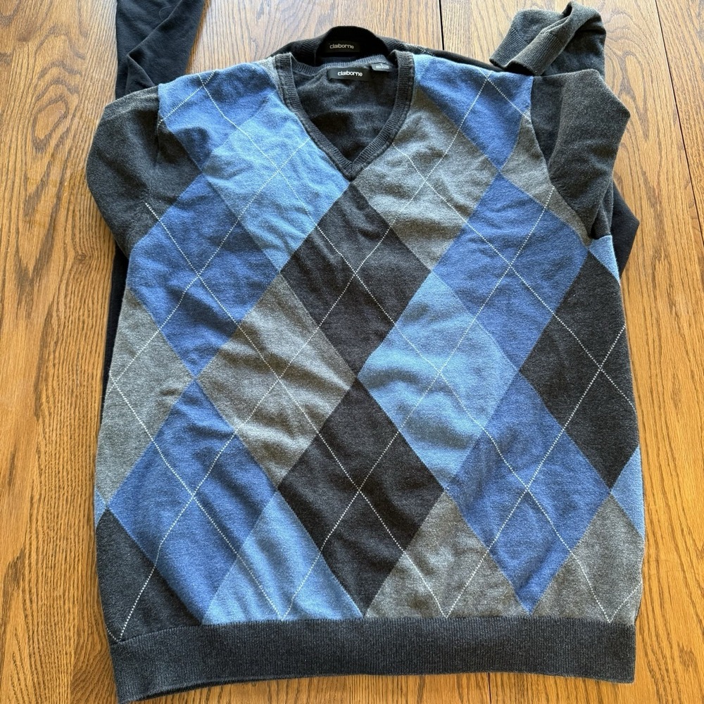 Set 2 Liz Claiborne Argyle Preppy Academy‎ Cotton Sweater Size Large Blue Black - Picture 13 of 13